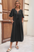 Wenrine Womens Black Flutter Side Slit Pleated Maxi Dress