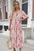 Wenrine Womens Pink Flutter Floral Side Slit Pleated Maxi Dress