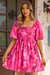 Wenrine Womens Rose Red Floral High Waisted Babydoll Dresses