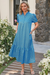 Wenrine Womens Blue Floral Puff Button Ruffle Midi Dress