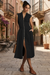 Wenrine Womens Black Smocked High Slit Flowy Midi Dress