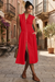 Wenrine Womens Red Smocked High Slit Flowy Midi Dress
