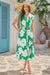 Wenrine Womens Green Floral Zipper V Neck Midi Dress