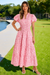 Wenrine Womens Pink Floral Puff Short Sleeve Beach Dresses
