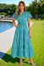 Wenrine Womens Lake Blue Floral Puff Short Sleeve Beach Dresses