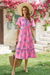 Wenrine Womens Pink Floral Short Sleeve V Neck Ruffle Sundress
