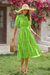 Wenrine Womens Fluorescent Green Floral Short Puff Sleeve Beach Dresses