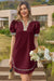 Wenrine Womens Burgundy V Neck Color Block Leopard Mini Dress