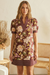 Wenrine Womens Burgundy Floral Puff Short Sleeve V Neck Dresses
