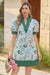 Wenrine Womens White&Green Floral Puff Short Sleeve V Neck Dresses