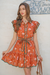 Wenrine Womens Brick Red Floral Flutter Sleeve Tie Waist Dress