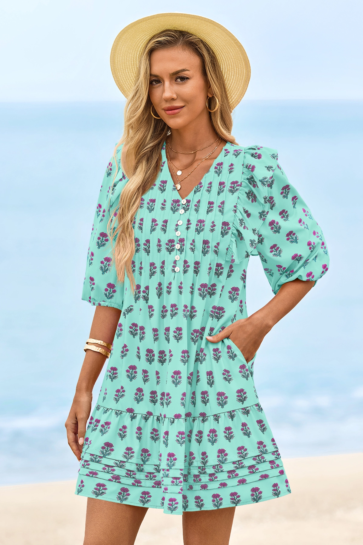 Wenrine Womens Lake Green 3/4 Lantern Sleeve Babydoll Mini Dress