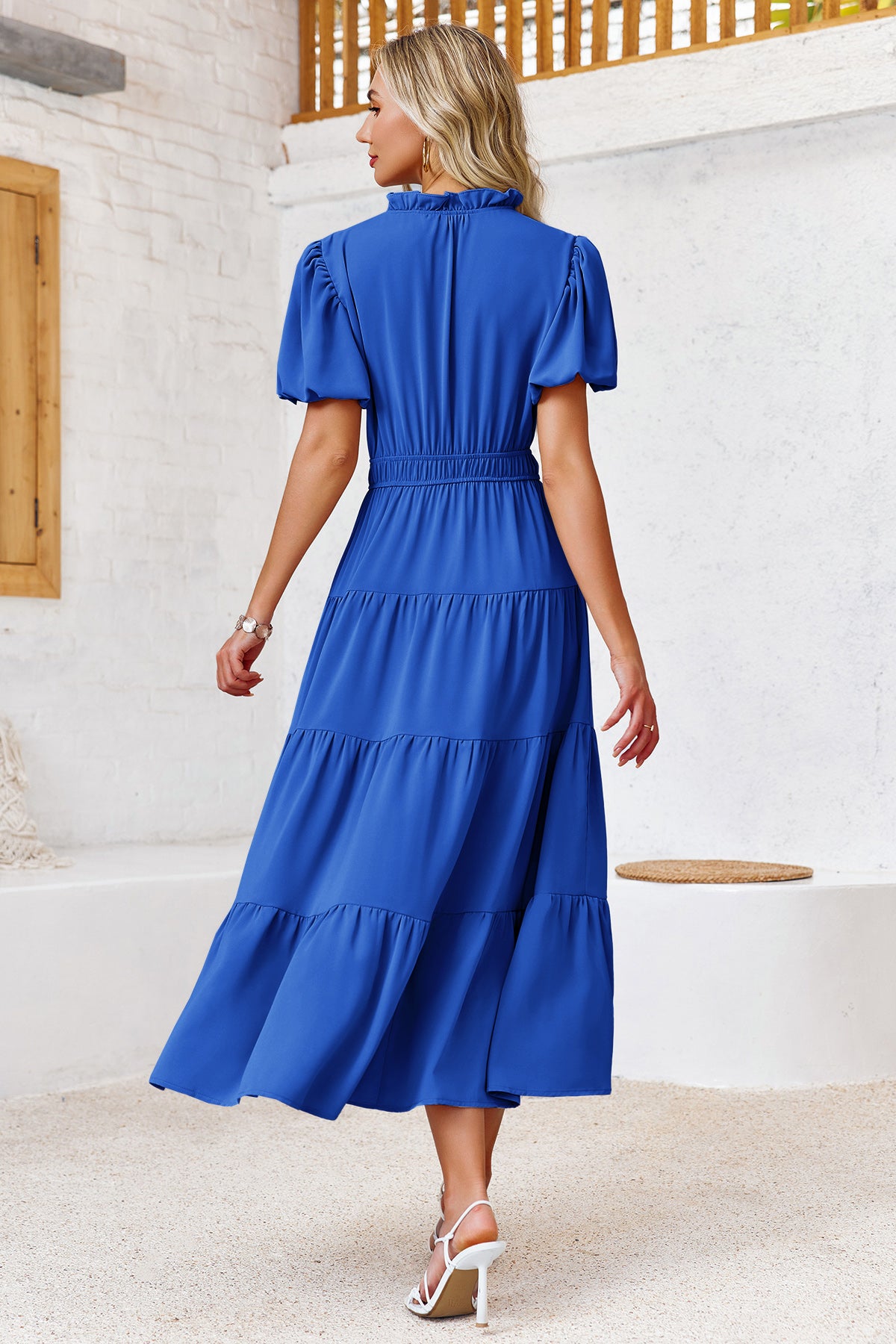 Wenrine Womens Blue Flowy Tiered  Midi Dress