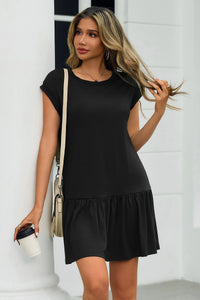 Wenrine Womens Black Ruffle Hem Mini T Shirt Dress