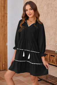 Wenrine Womens Black Ruffle V Neck Babydoll Mini Dress