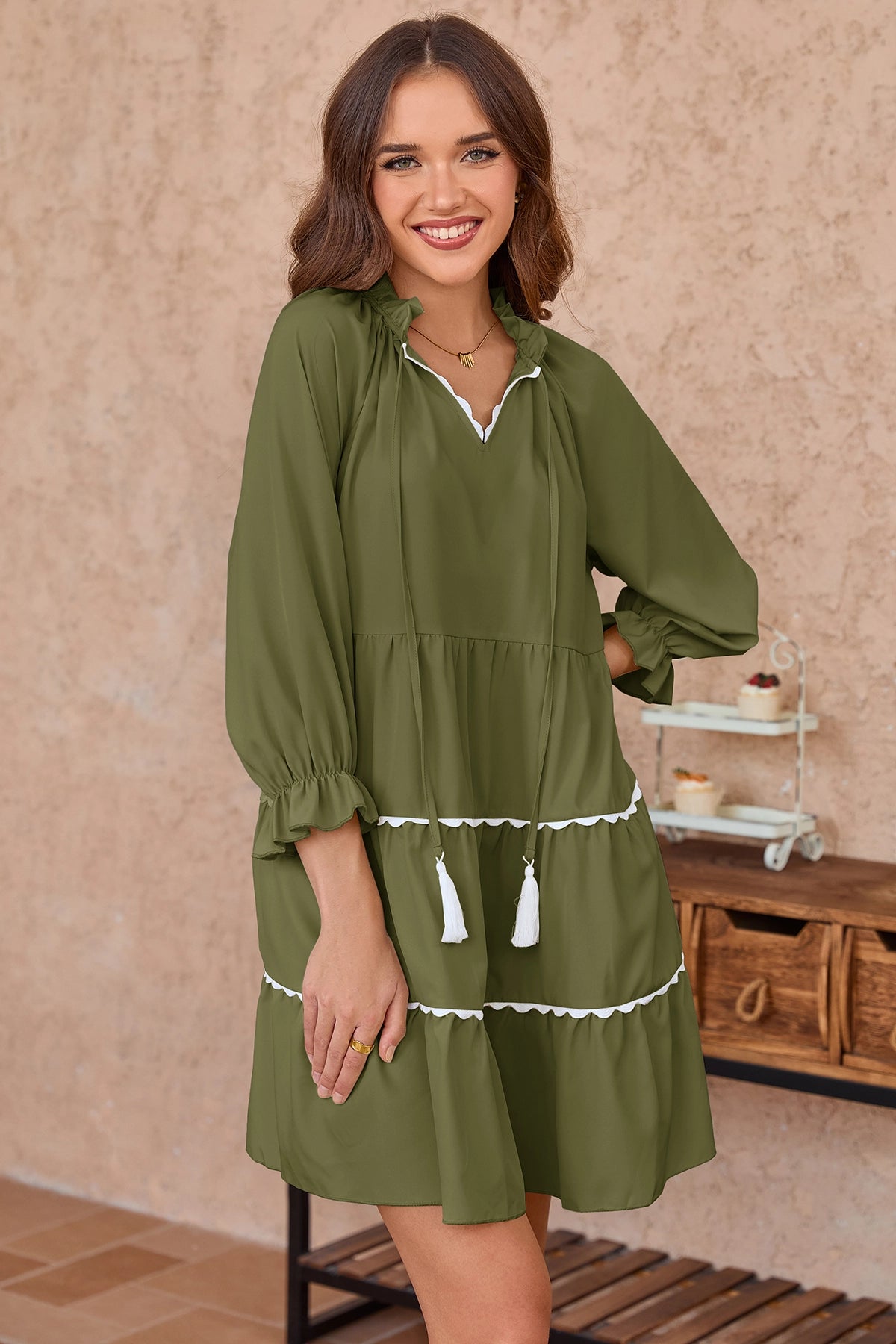 Wenrine Womens Army Green Ruffle V Neck Babydoll Mini Dress