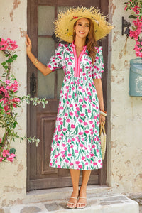 Wenrine Womens White Floral Swing Flowy Midi Beach Dress