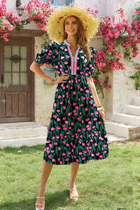 Wenrine Womens Black Floral Swing Flowy Midi Beach Dress