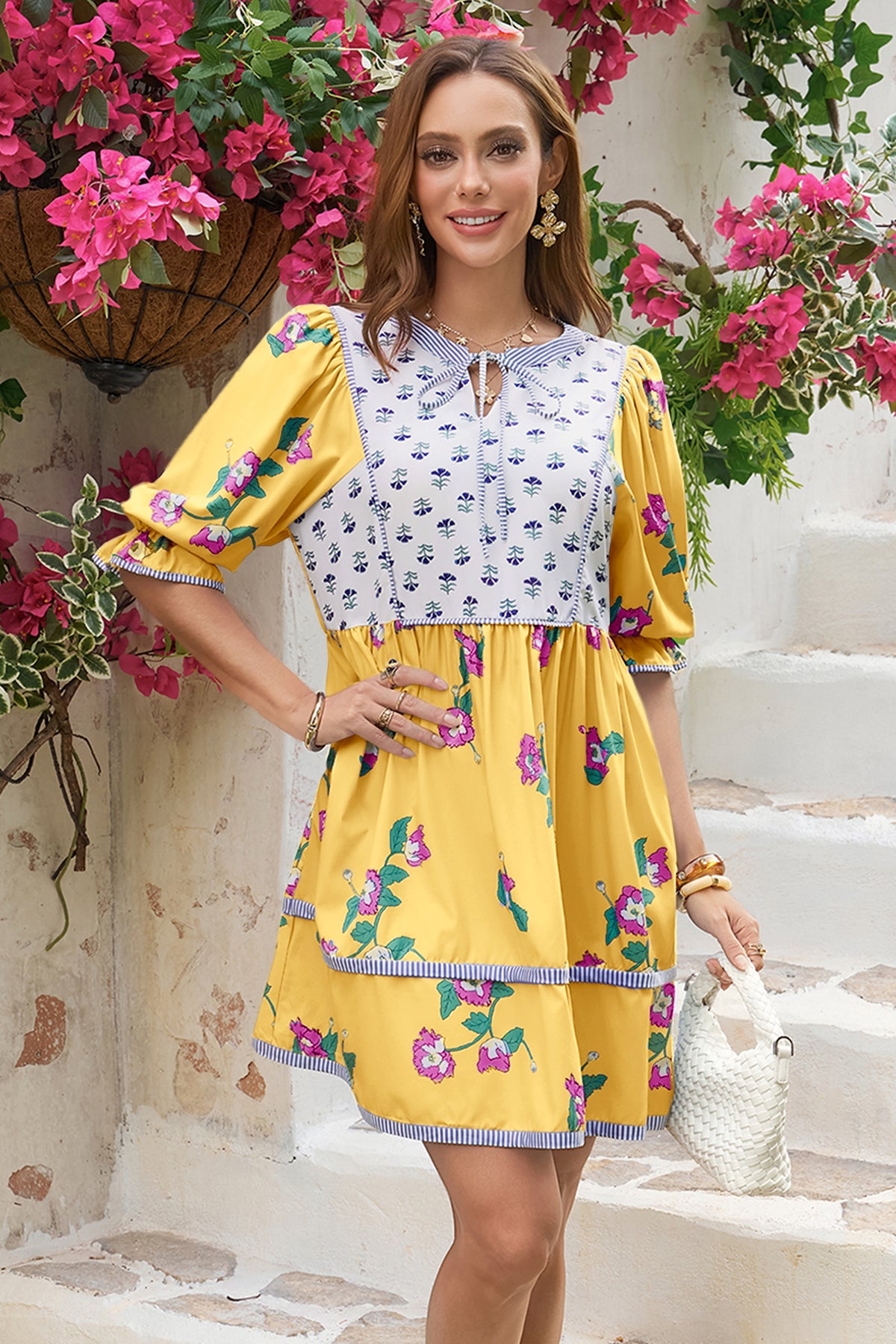 Wenrine Womens Yellow Floral Puff Patchwork Shirt Dresses