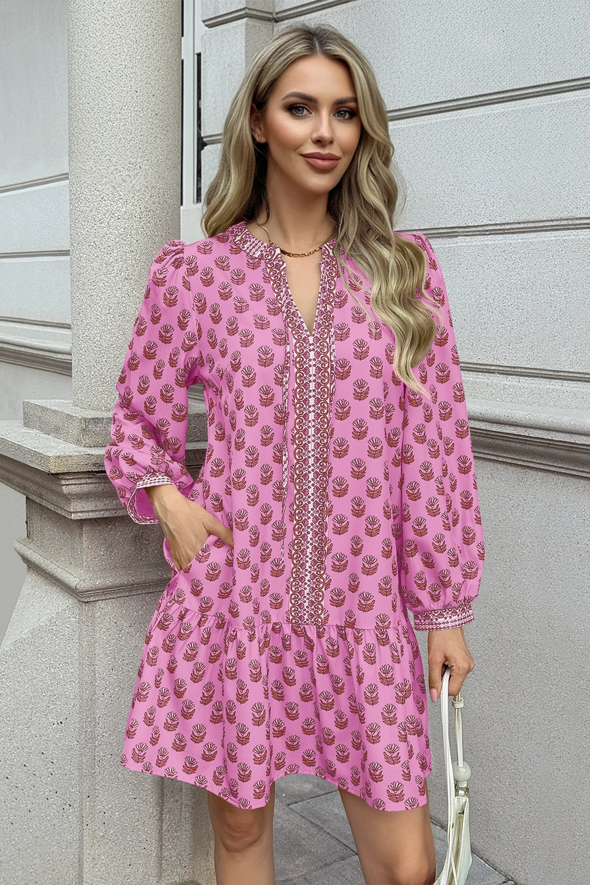 Wenrine Womens Pink Boho Babydol Mini Dress