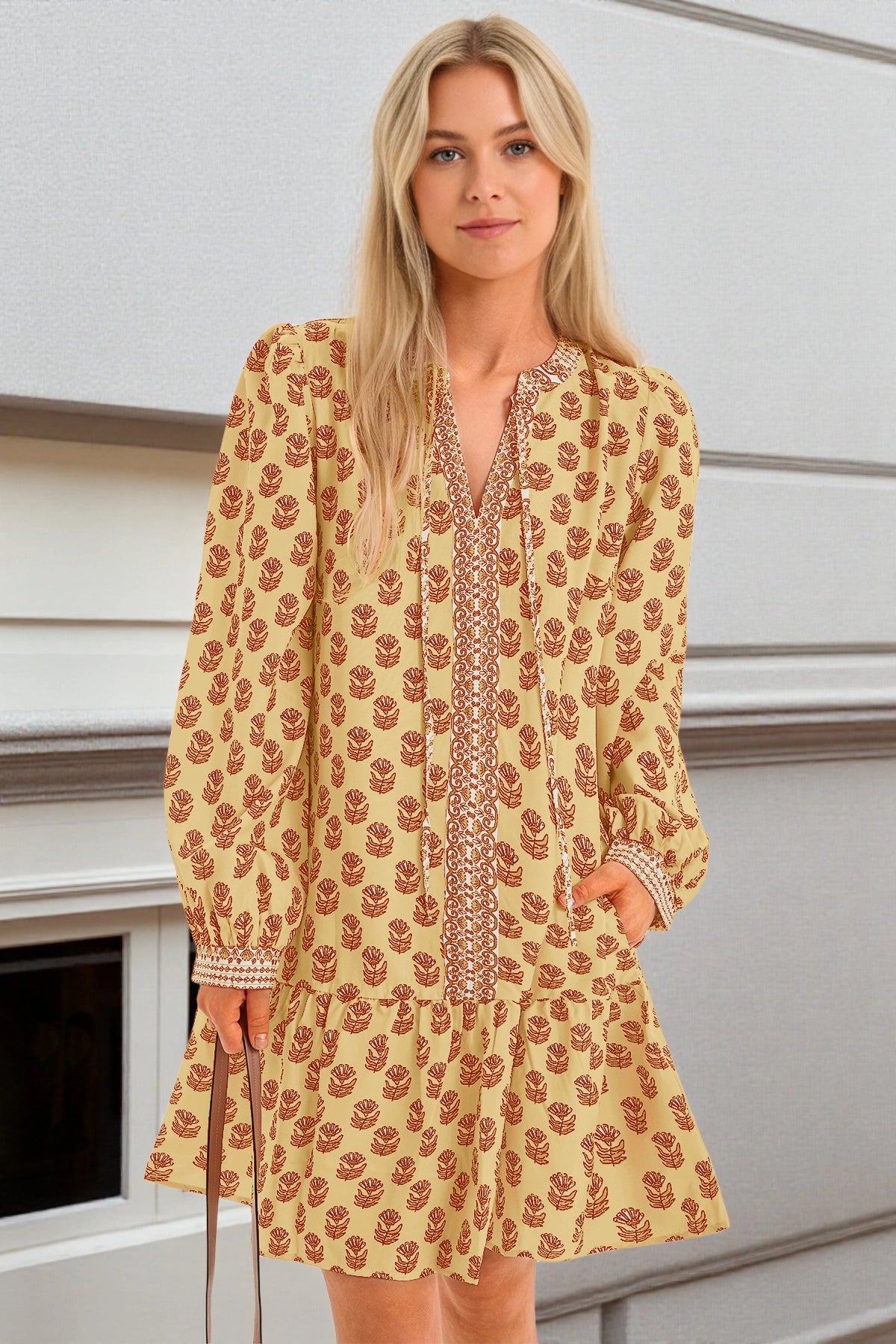 Wenrine Womens Yellow Boho Babydol Mini Dress