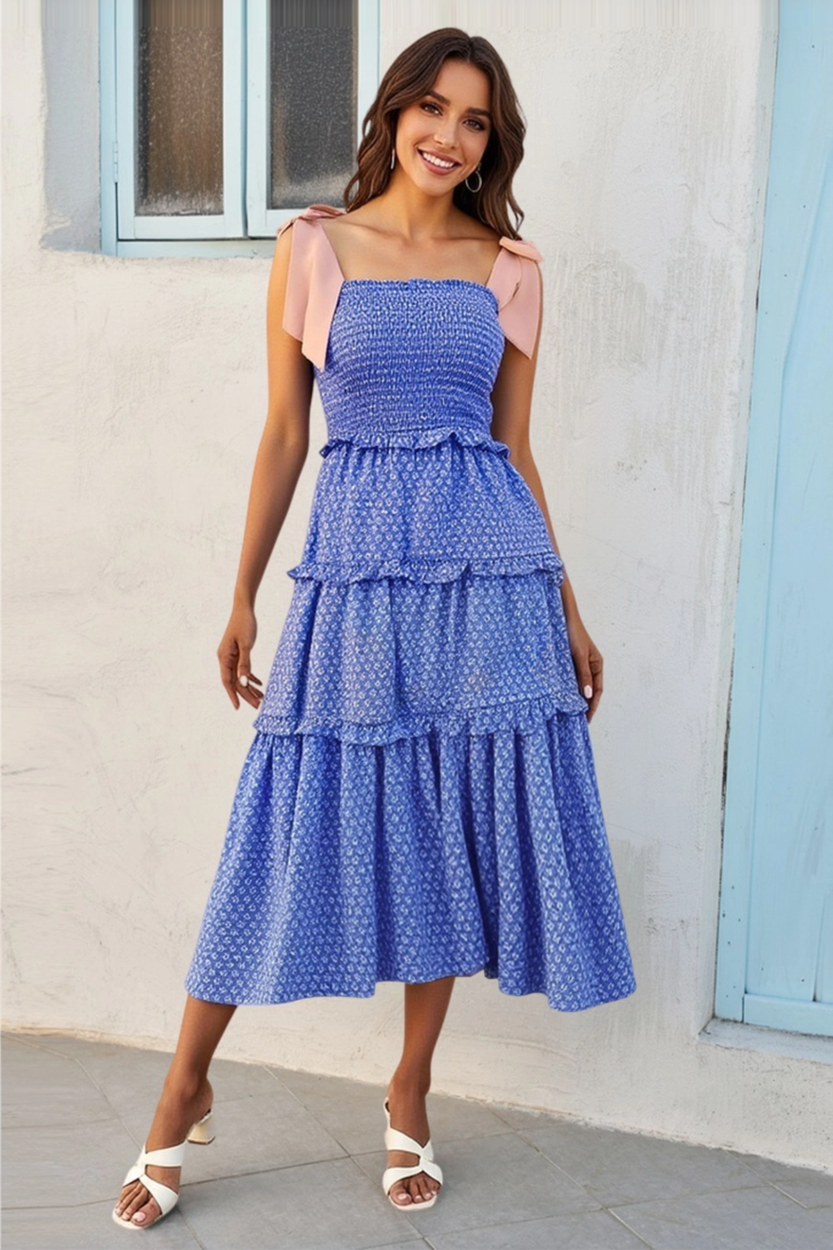 Wenrine Womens Royal Blue Smocked Tie Shoulder Maxi Dress