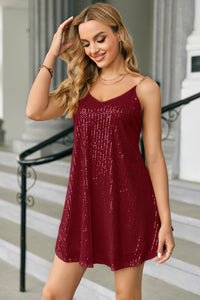 Wenrine Women's Burgundy Sexy V Neck Sequin Mini Dresses