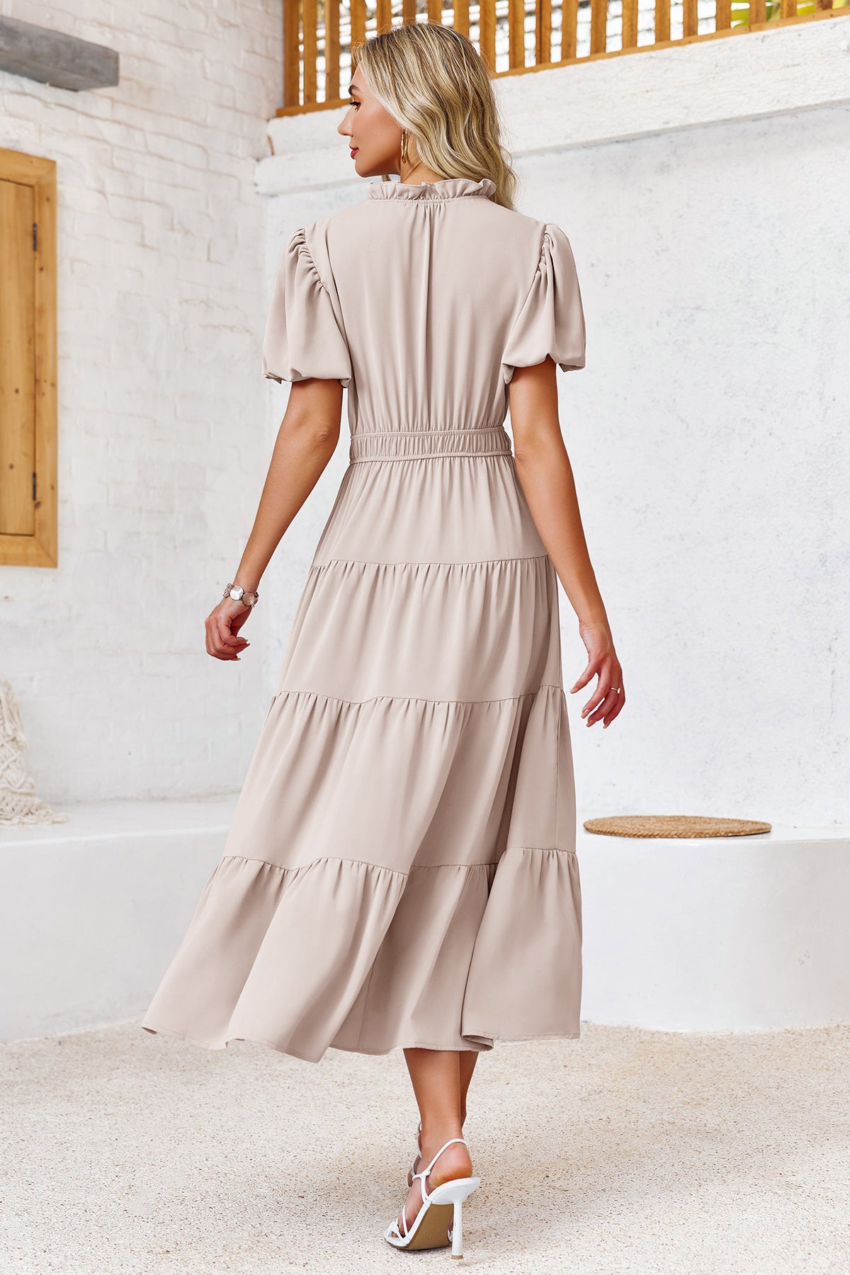 Wenrine Womens Khaki Flowy Tiered  Midi Dress