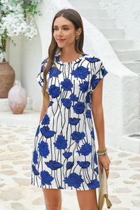 Wenrine Women's White&Blue T Shirt Flora Beach Mini Dress