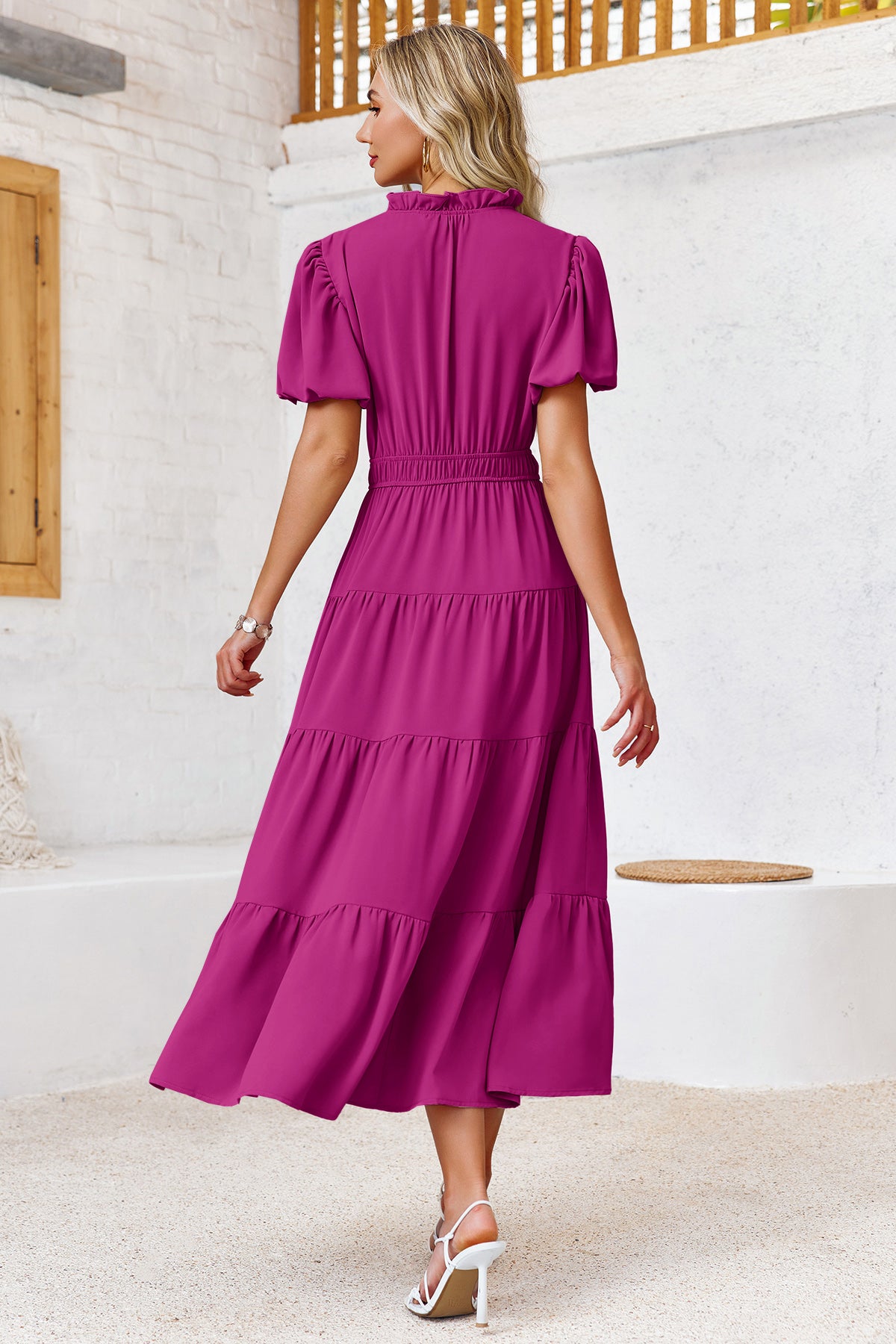 Wenrine Womens Rose Red Flowy Tiered  Midi Dress