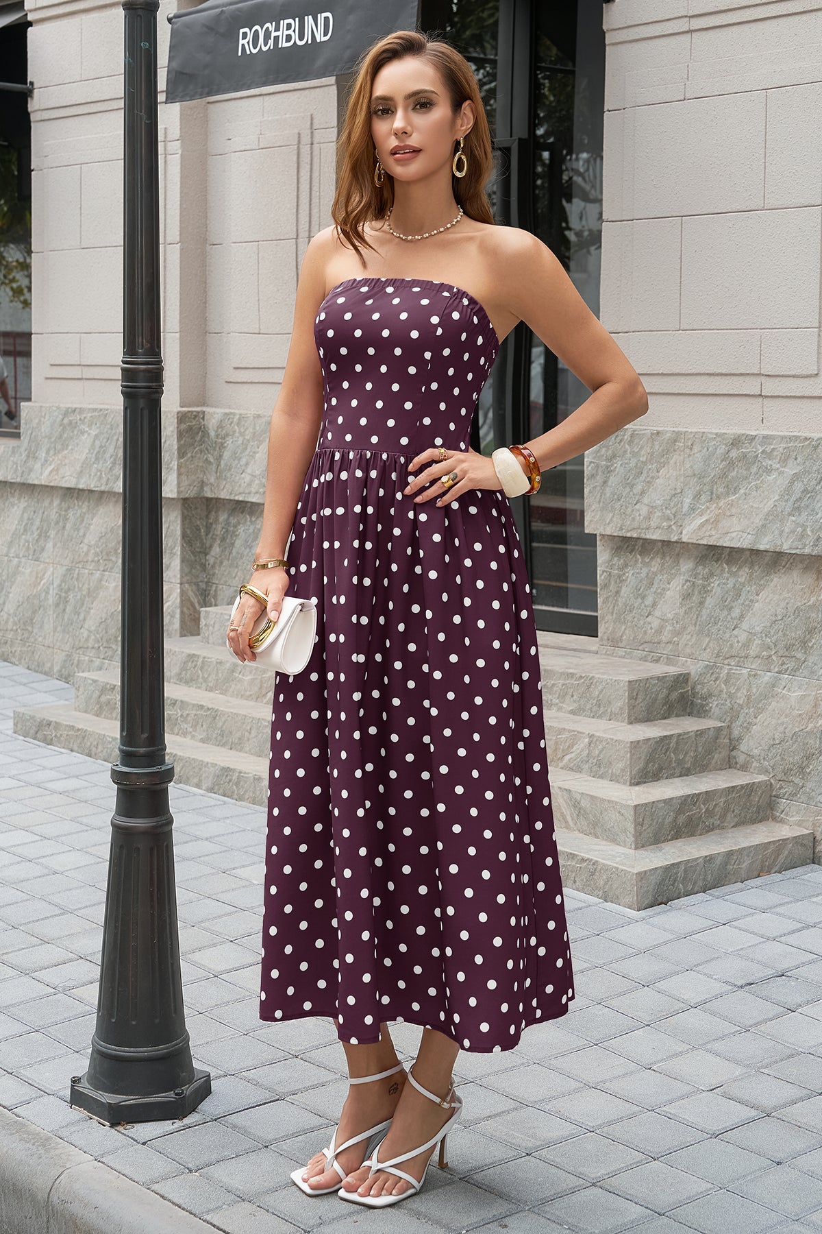 Wenrine Womens Brown Polka Dot Smocked Maxi Dresses