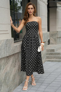 Wenrine Womens Black Polka Dot Smocked Maxi Dresses