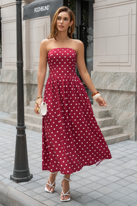 Wenrine Womens Burgundy Polka Dot Smocked Maxi Dresses