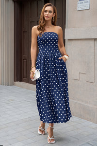 Wenrine Womens Navy Polka Dot Smocked Maxi Dresses