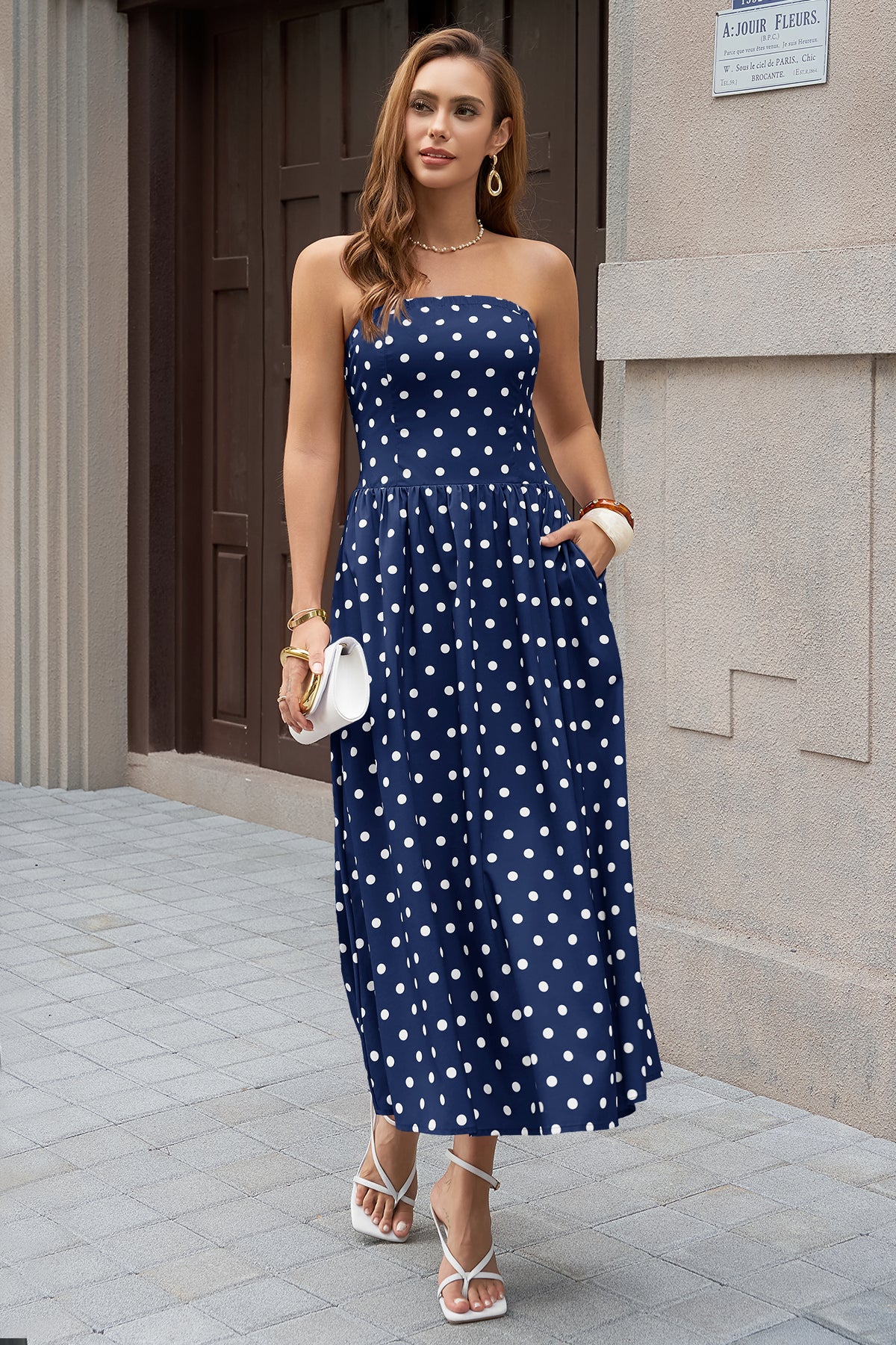 Wenrine Womens Navy Polka Dot Smocked Maxi Dresses