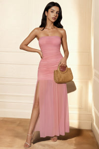 Wenrine Womens Light Pink Mesh Ruched Flowy Tube Top Dress