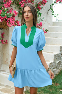 Wenrine Womens Sky Blue Puff Sleeve Mini Dress with Pockets