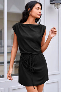 Wenrine Womens Black Cap Sleeve Removable Belt Mini Dresses