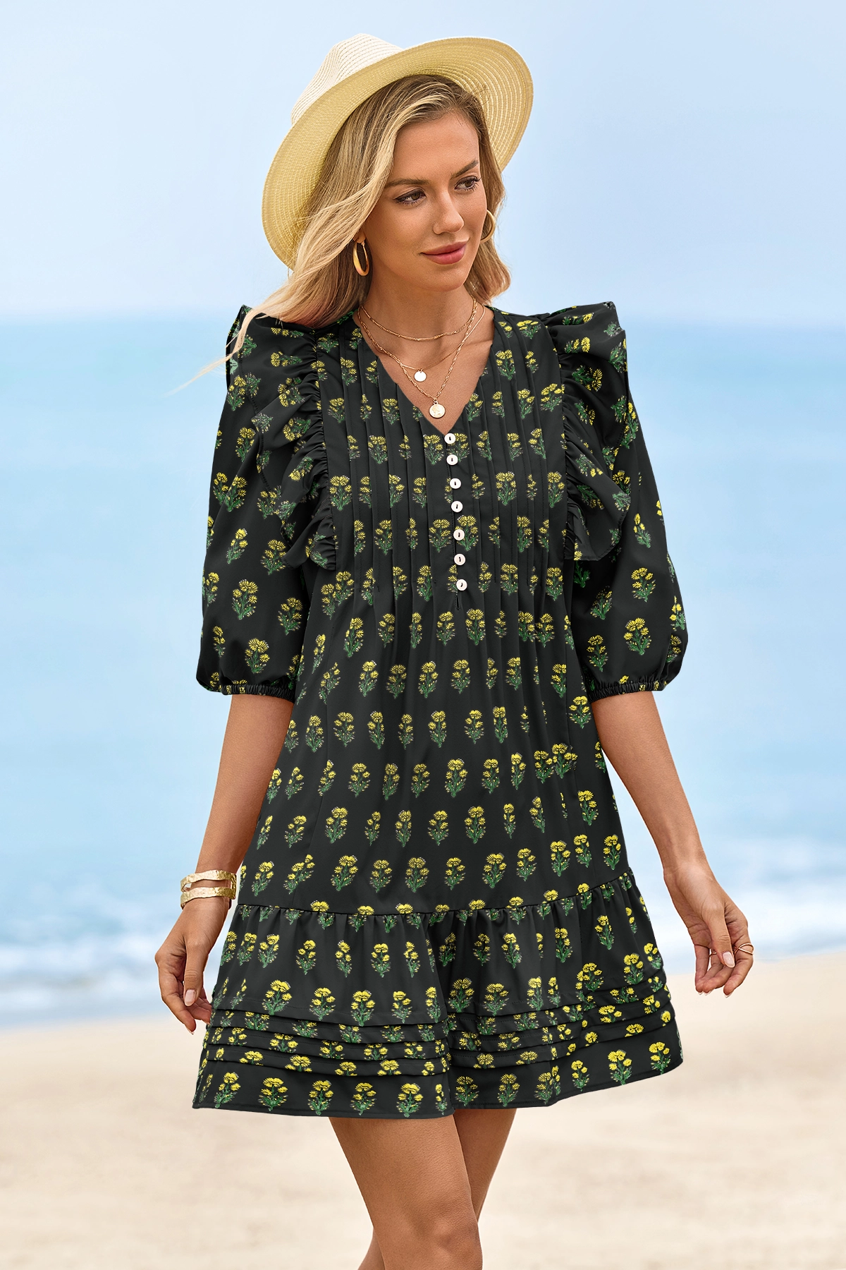 Wenrine Womens Black 3/4 Lantern Sleeve Babydoll Mini Dress