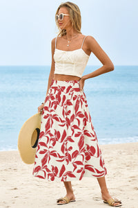 Wenrine Womens White&Red Floral High Waisted  Maxi Skirt