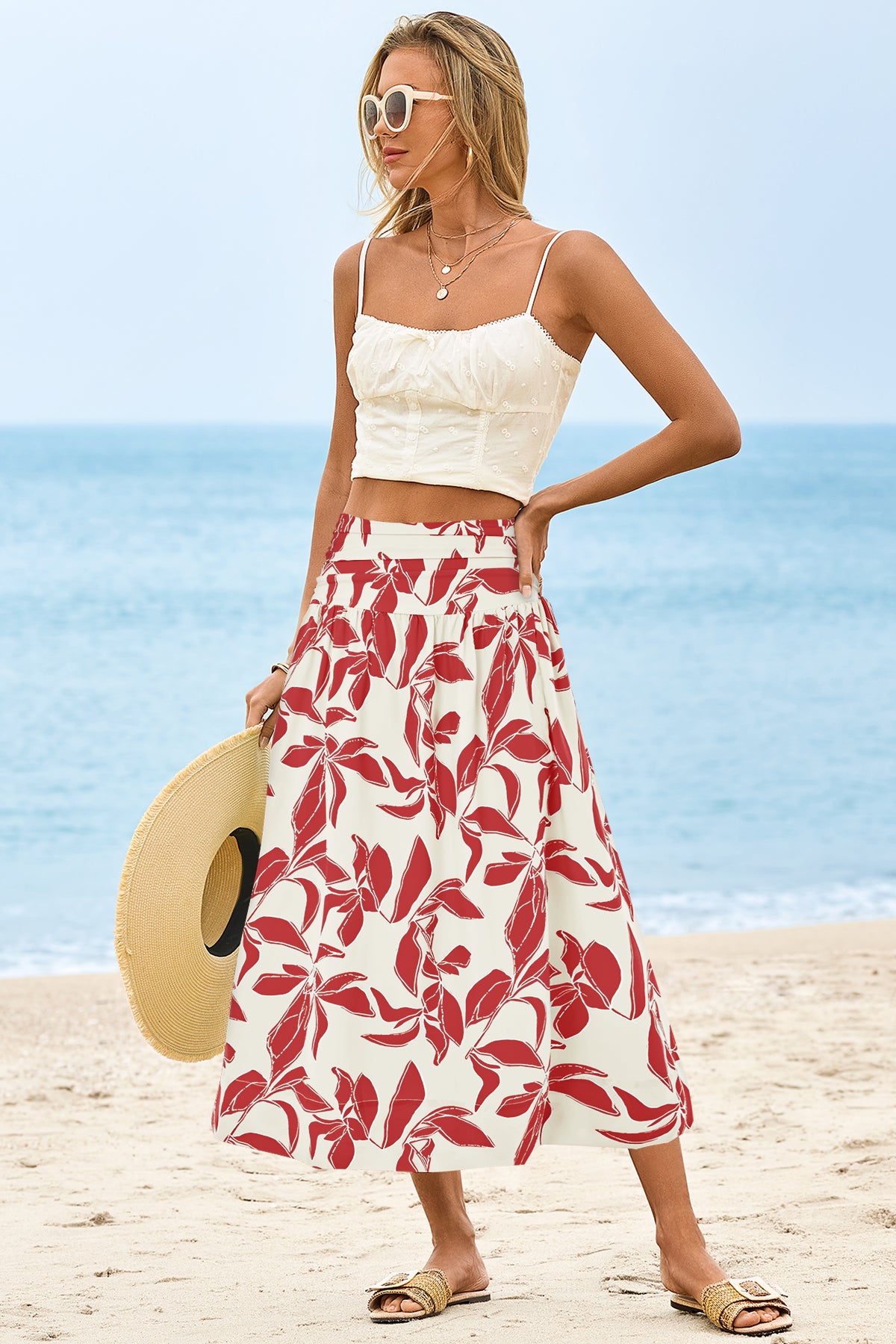 Wenrine Womens White&Red Floral High Waisted  Maxi Skirt