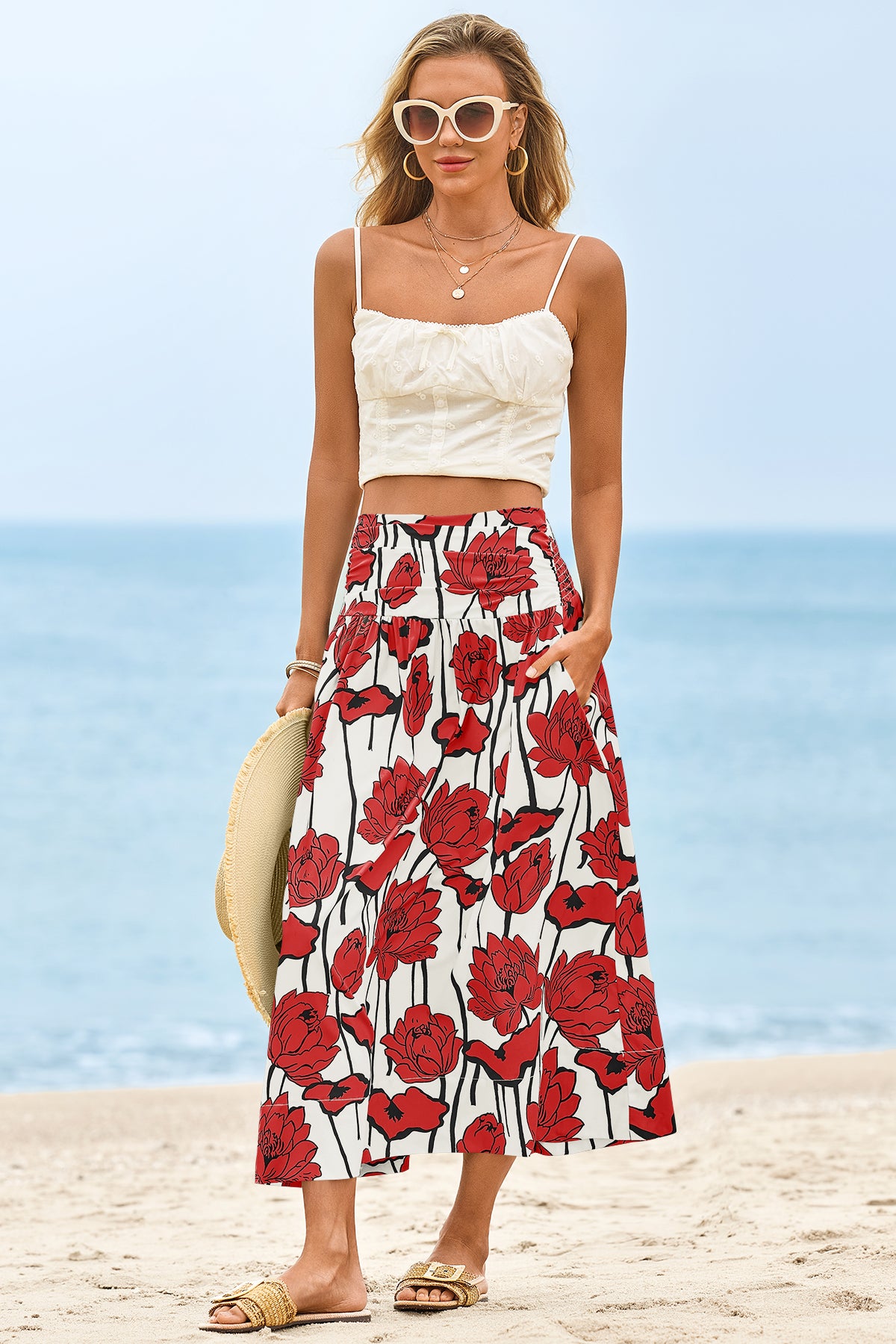 Wenrine Womens Red Floral High Waisted  Maxi Skirt