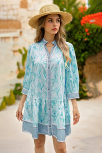 Wenrine Women's Lake Blue Floral Boho  Shirt Dresses
