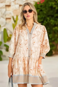 Wenrine Women's Khaki Floral Boho  Shirt Dresses