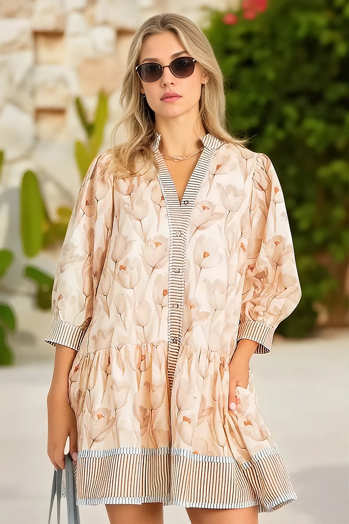 Wenrine Women's Khaki Floral Boho  Shirt Dresses