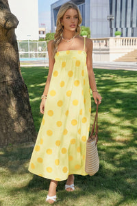 Wenrine Womens Light Yellow Polka Dot Spaghetti Strap Smocked Maxi Dress