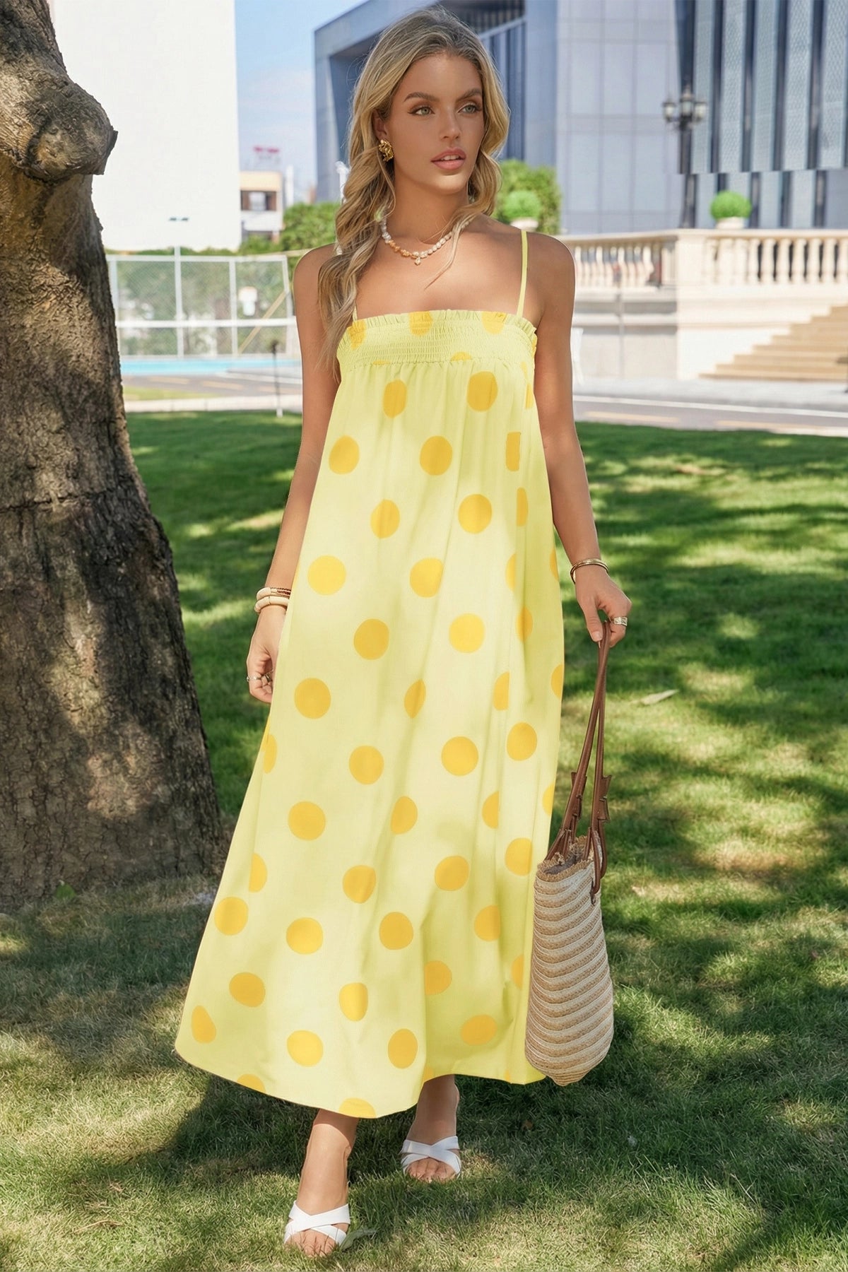 Wenrine Womens Light Yellow Polka Dot Spaghetti Strap Smocked Maxi Dress