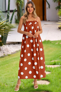 Wenrine Womens Caramel Polka Dot Spaghetti Strap Smocked Maxi Dress