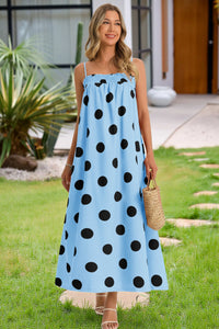 Wenrine Womens Sky Blue Polka Dot Spaghetti Strap Smocked Maxi Dress