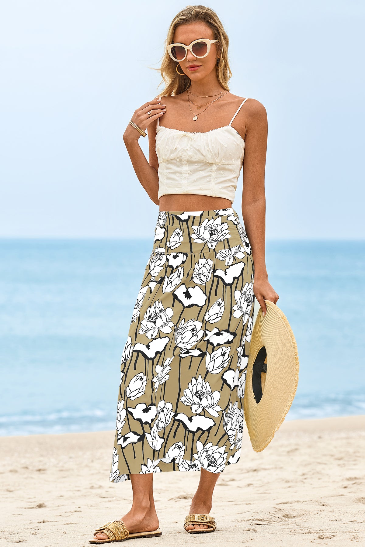 Wenrine Womens Khaki Floral High Waisted  Maxi Skirt